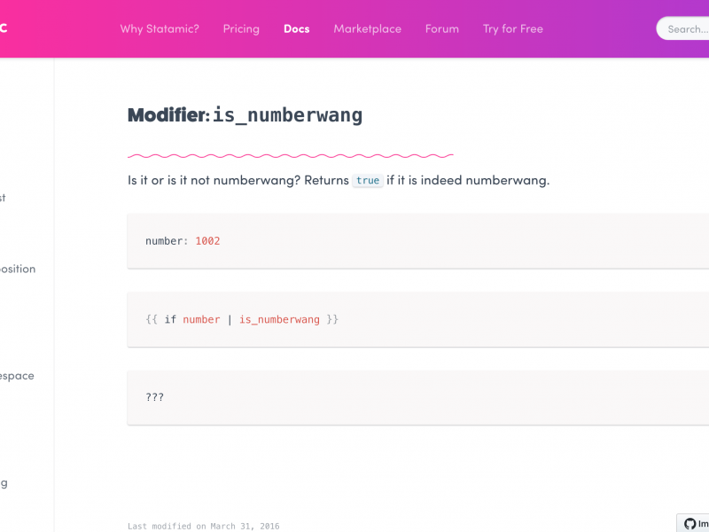 Screenshot of the is_numberwang modifier on the Statamic documentation